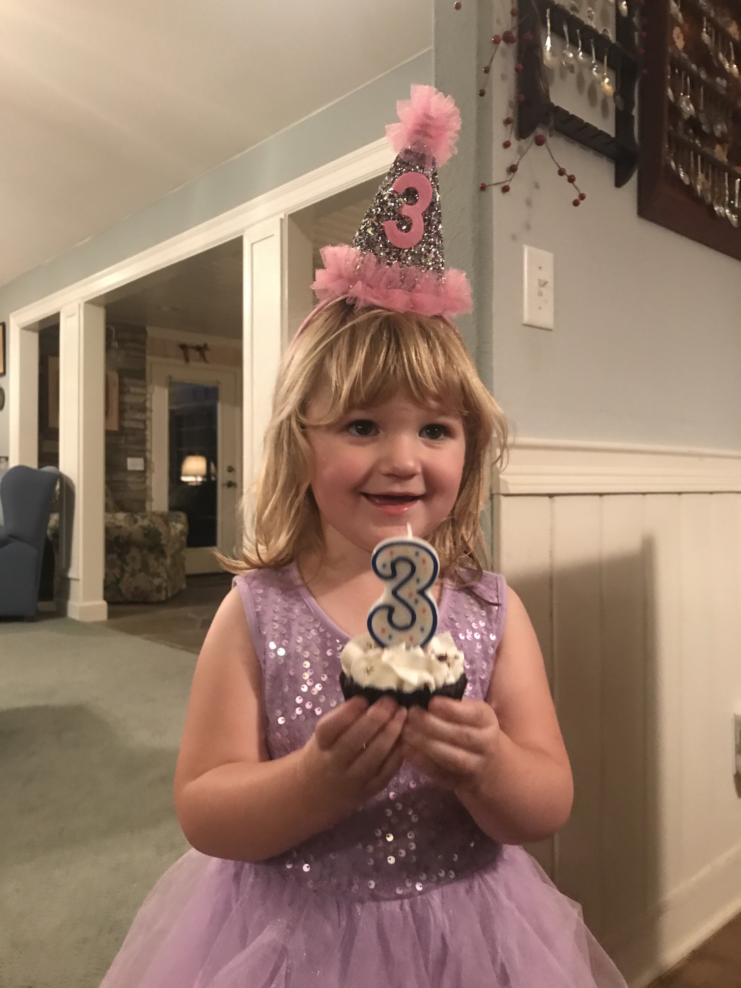 A young girl celebrating her 3rd birthday holding a small cake with a '3' candle and wearing a party hat.